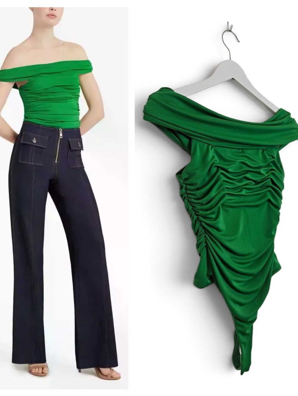 Cinq à Sept Bodysuit XS Sheila Off Shoulder Ruched Thong Cowl Neck Draping Green